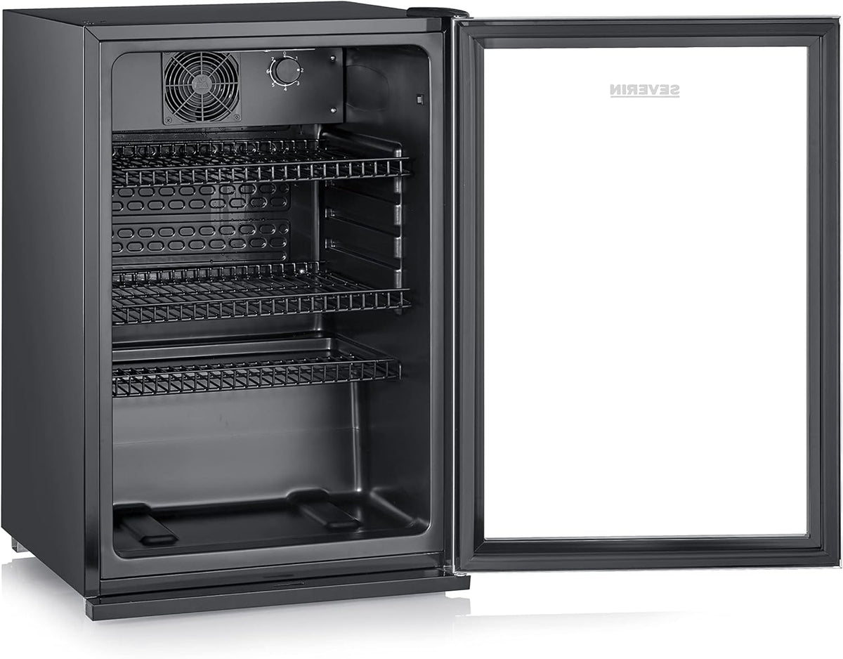 2026 SEVERIN Flaschenkühlschrank, mit integriertem Schloss und integrierter LED-Beleuchtung, 118 L Nutzinhalt, schwarz/silber, FSK 8840