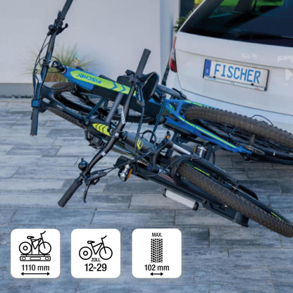 2026 Fischer Kupplungs-Fahrradträger ProlineEvo 2, für 2 Fahrräder bis 60kg Nutzlast, E-Bike geeignet, vormontiert, abschließbar, faltbar
