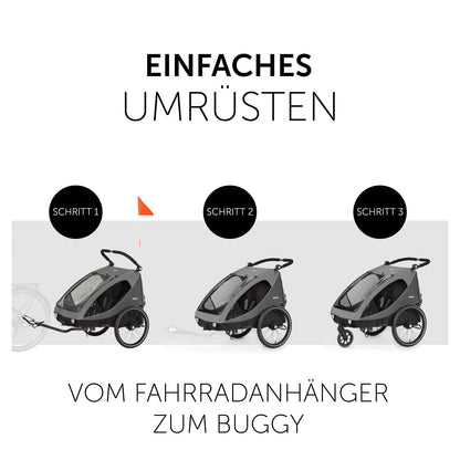 2026 hauck Fahrradanhänger & Kinderwagen Dryk Duo Plus mit Federung, für 2 Kinder (6-48 Monate), inkl. Deichsel, Buggyrad, Fahne und LED Licht, Faltbar, Höhenverstellbar, XL Kofferaum (Dark Green)