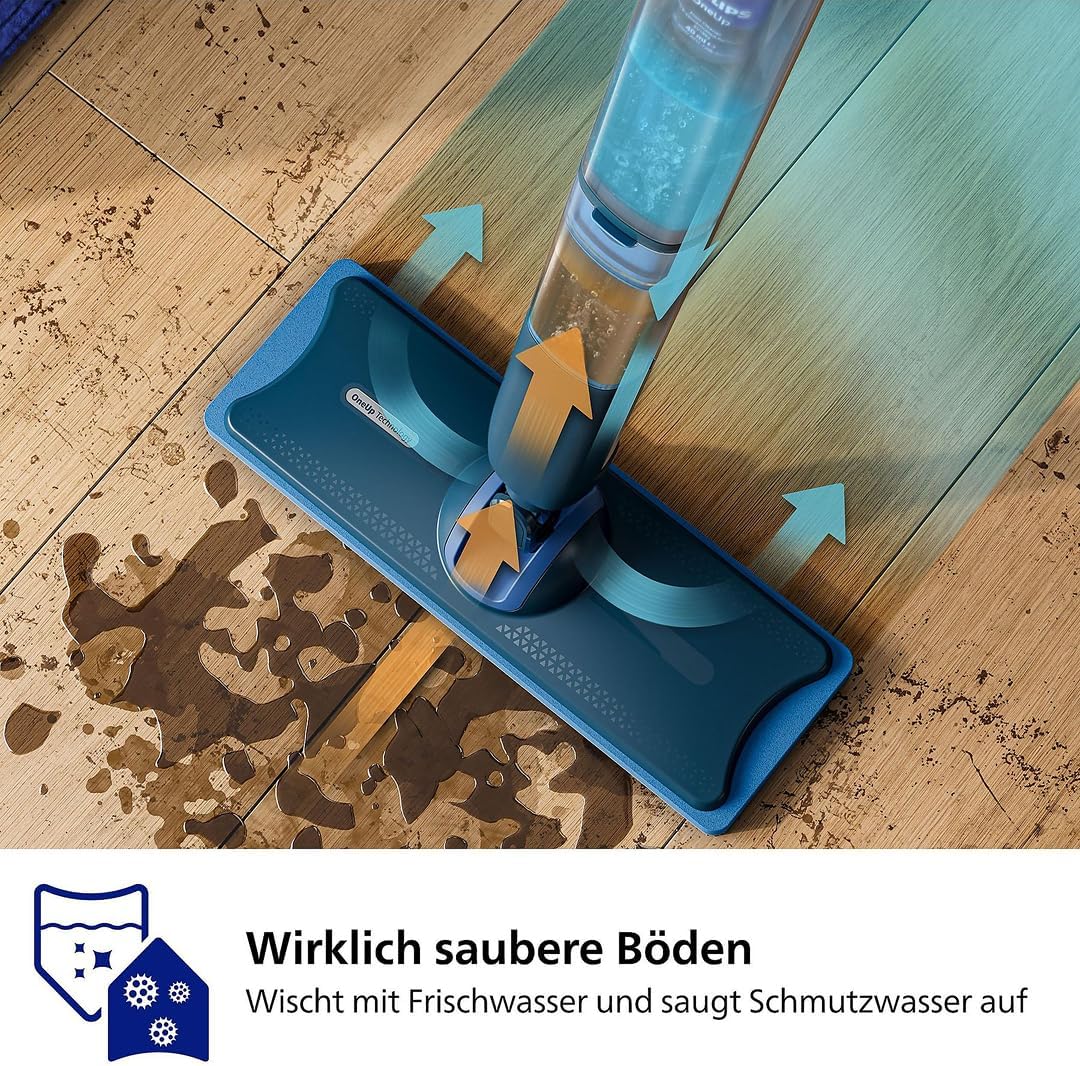 2026 Philips OneUp 5000 Serie Elektrischer Wischmopp - 2X sauberere Böden², 2X schnelleres Wischen, Zwei Feuchtigkeitseinstellungen für Harte & empfindliche Böden, Kabellos mit 360° Drehgelenk (XV5113/01)