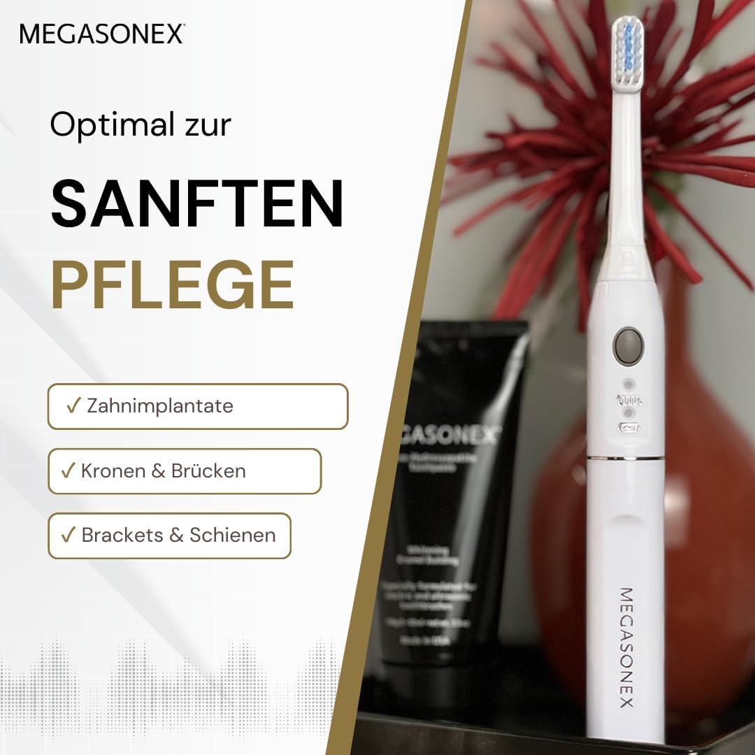 2026 MEGASONEX Ultraschall-Zahnbürste M8 Set - Mit 2 Vibrations-Stufen - zusätzlich inkl. 2x Bürstenköpfe Soft Weiß