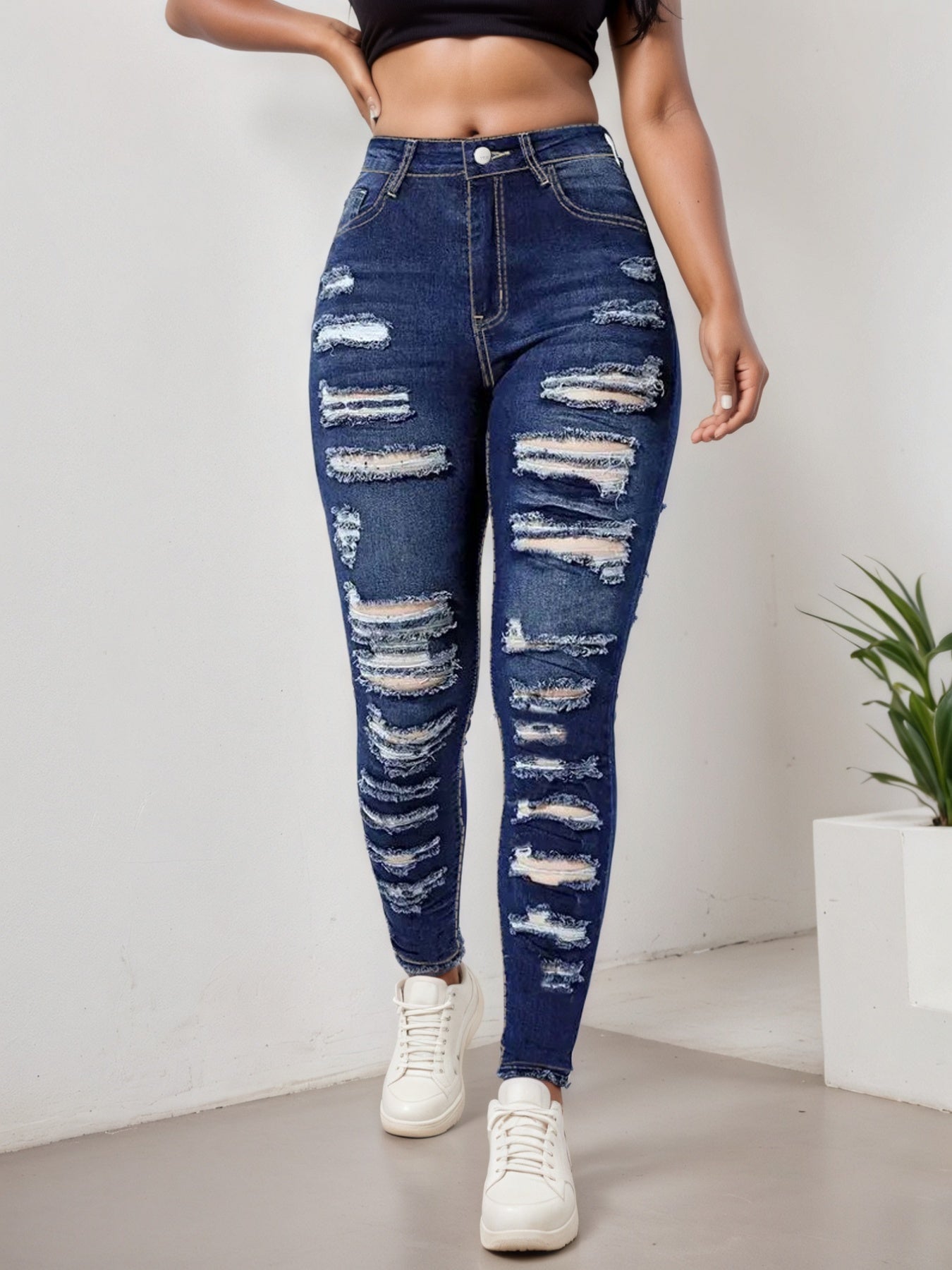 Damen Ripped Cropped Jeans in Blau mit Slim Fit und Stretch
