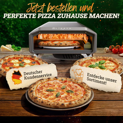 2026 LIKAYA NeroSpin Pizzaofen Gas – 6,2kW Outdoor Gas Pizzaofen 450°C - Gas Pizza Ofen Outdoor mit Pizzastein Drehteller, Pizzaschaufel, Tasche & Laser Thermometer – knusprige Pizza in nur 90 Sekunden!