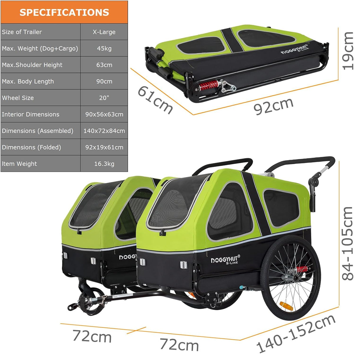 2026 Doggyhut S-Line XL Hundeanhänger & Hundebuggy mit Federung 2 in 1 Hunde Fahrradanhänger Jogger gefedert bis 45 kg