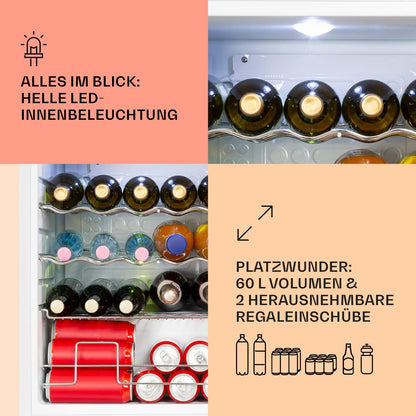 2026 Klarstein Mini Kühlschrank mit Glastür für Zimmer, Getrnkekühlschrank mit Verstellbaren Ablagen, Kleiner 80 Liter, Indoor/Outdoor Kühlschrank Leise