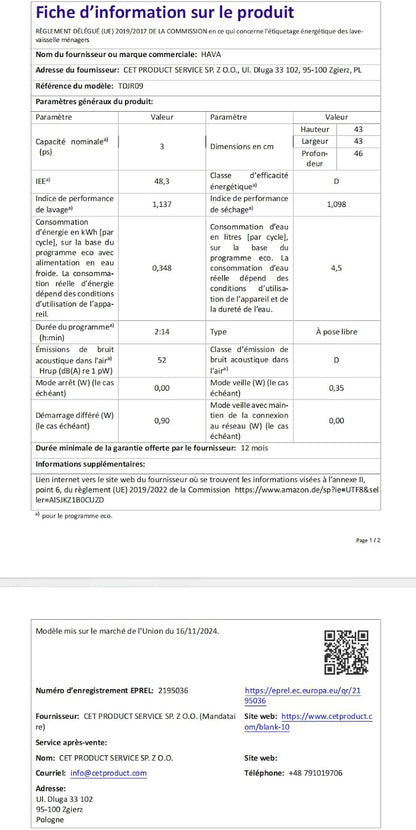 2026 HAVA 2025 NEUE Tischgeschirrspüler mit Wasserenthärter und erhöhter Energieeffizienz, Spülmaschine mit 8 Programmen, Kindersicherung & verzögerter Start, keine Installation erforderlich
