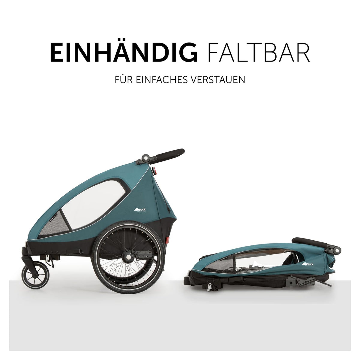 2026 hauck Fahrradanhänger & Kinderwagen Dryk Duo Plus mit Federung, für 2 Kinder (6-48 Monate), inkl. Deichsel, Buggyrad, Fahne und LED Licht, Faltbar, Höhenverstellbar, XL Kofferaum (Dark Green)