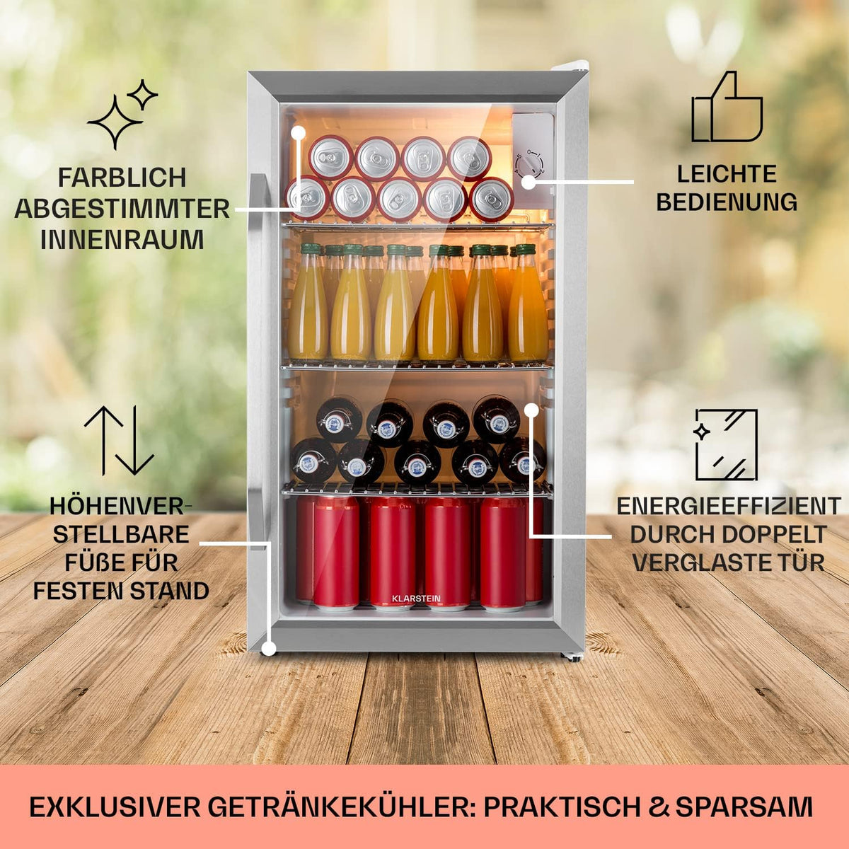 2026 Klarstein Mini Kühlschrank mit Glastür für Zimmer, Getrnkekühlschrank mit Verstellbaren Ablagen, Kleiner 80 Liter, Indoor/Outdoor Kühlschrank Leise