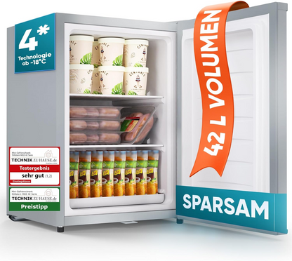 2026 Stillstern Mini Gefrierschrank (42L) -18°C, Eiswürfelschale, Schloss, Türanschlag wechselbar, 4-Sterne Tiefkühlschrank für Camping/Büro Gefriertruhe Klein Gefrierschrank Klein Tiefkühltruhe