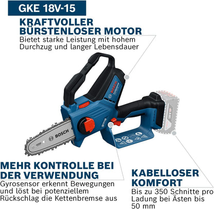 2026 Bosch Professional 18V System Astsäge GKE 18V-15 (bis zu 350 Schnitte pro Akku-Ladung, Schneiden bis 13 cm, bürstenloser Motor, inkl. Schwertschutz 15 cm, ohne Akku)