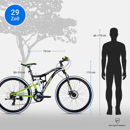 2026 Bergsteiger Kodiak 26 Zoll, 29 Zoll Mountainbike, Scheibenbremse, Shimano 21 Gang-Schaltung, Vollfederung, Fully MTB für Jungen, Mädchen, Damen & Herren