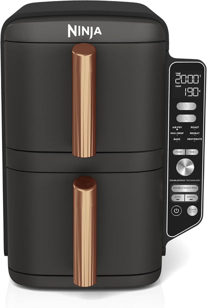 2026 Ninja Double Stack XL Heißluftfritteuse, 2 vertikale Schubladen, 4 Kochstufen, 2 Einschübe, platzsparendes Design, 9,5 L Fassungsvermögen, 6 Funktionen, 8 Portionen, Zange, Schwarz/Kupfer SL400EUCP