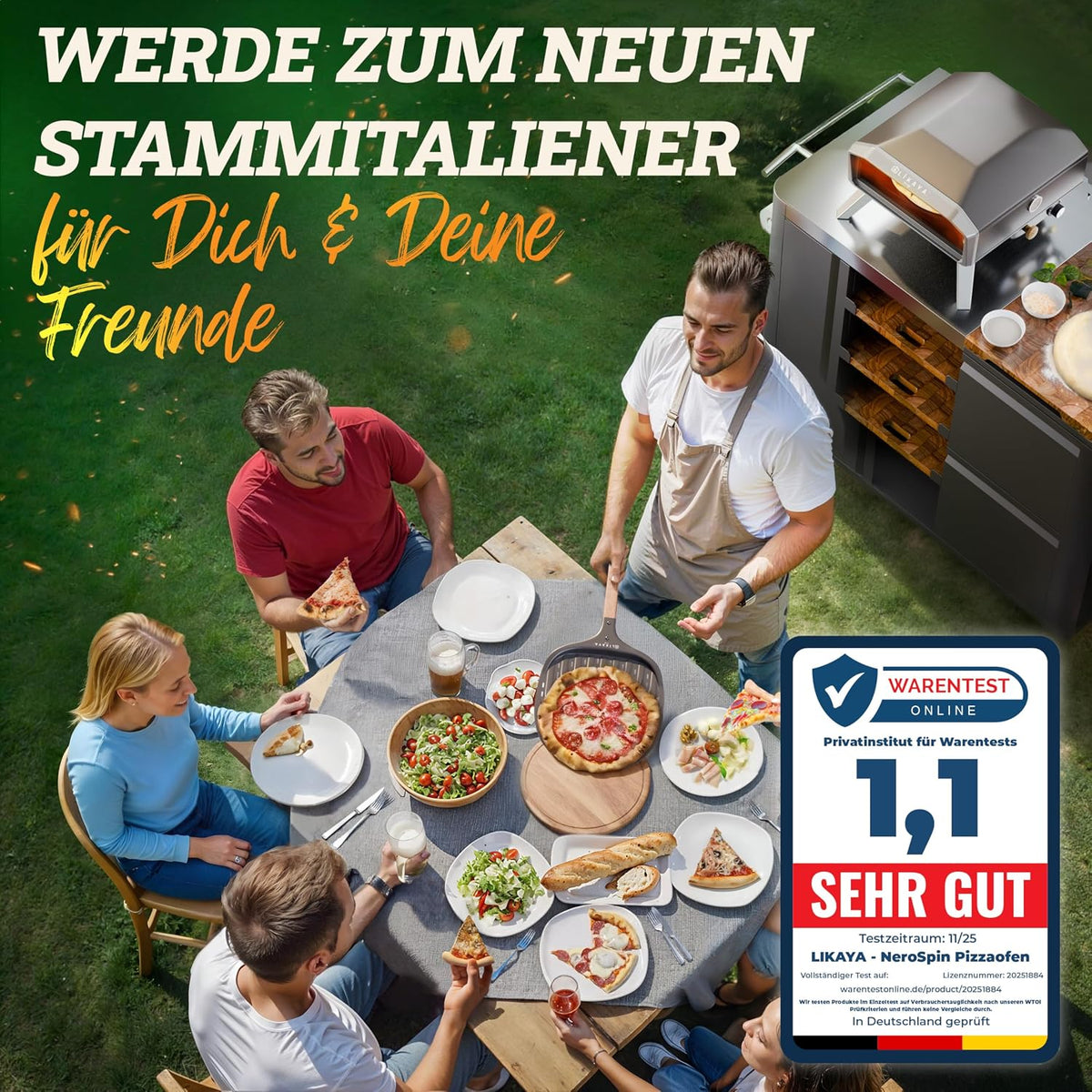 2026 LIKAYA NeroSpin Pizzaofen Gas – 6,2kW Outdoor Gas Pizzaofen 450°C - Gas Pizza Ofen Outdoor mit Pizzastein Drehteller, Pizzaschaufel, Tasche & Laser Thermometer – knusprige Pizza in nur 90 Sekunden!