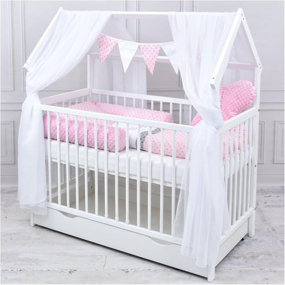 2026 Baby Delux Babybett Komplett Set Hausbett 60x120 cm weiß Schublade Rausfallschutz Kinderbett Matratze Bettwäsche Deko Set (Prince Stars)