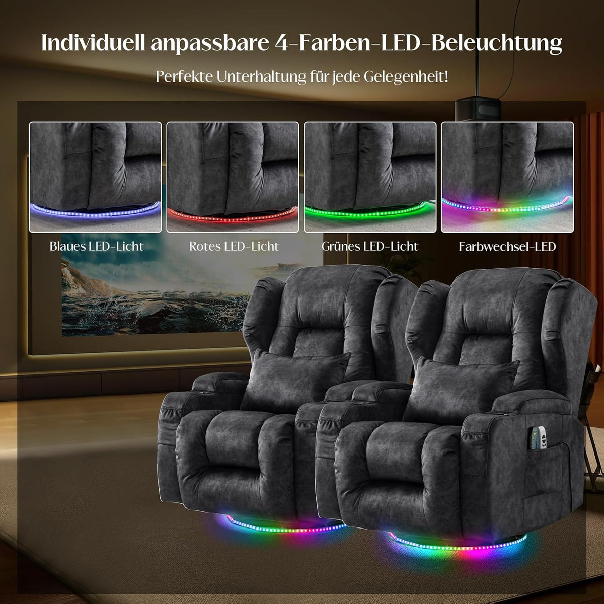 2026 Elektrischer Fernsehsessel Relaxsessel mit Liegefunktion,240°Drehsessel Kinosessel Massagesessel mit Wärmefunktion,TV Sessel Liegesessel fürs Wohnzimmer bis 150kg (Samtstoff, Grau)