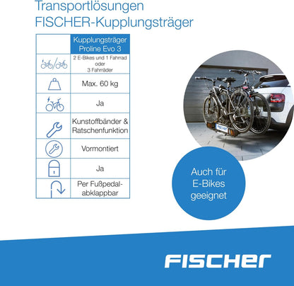 2026 Fischer Kupplungs-Fahrradträger ProlineEvo 2, für 2 Fahrräder bis 60kg Nutzlast, E-Bike geeignet, vormontiert, abschließbar, faltbar