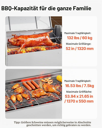 2026 VEVOR Drehspießgrill 38 W Spanferkelgrill Lammgrill Holzkohlegrill (132 cm Grilllänge) mit 60 kg Tragkraft & Rädern & 4-facher Höhenverstellung & Deckel, Edelstahl-Elektrogrill-Set für Camping