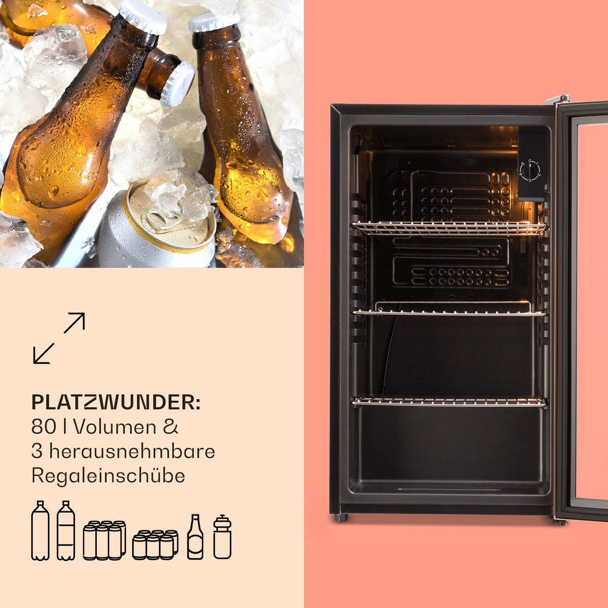 2026 Klarstein Mini Kühlschrank mit Glastür für Zimmer, Getrnkekühlschrank mit Verstellbaren Ablagen, Kleiner 80 Liter, Indoor/Outdoor Kühlschrank Leise