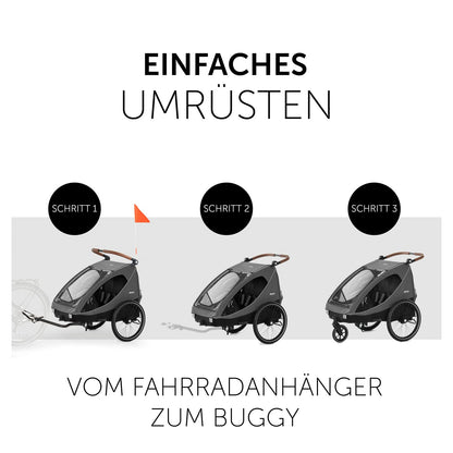 2026 hauck Fahrradanhänger & Kinderwagen Dryk Duo Plus mit Federung, für 2 Kinder (6-48 Monate), inkl. Deichsel, Buggyrad, Fahne und LED Licht, Faltbar, Höhenverstellbar, XL Kofferaum (Dark Green)