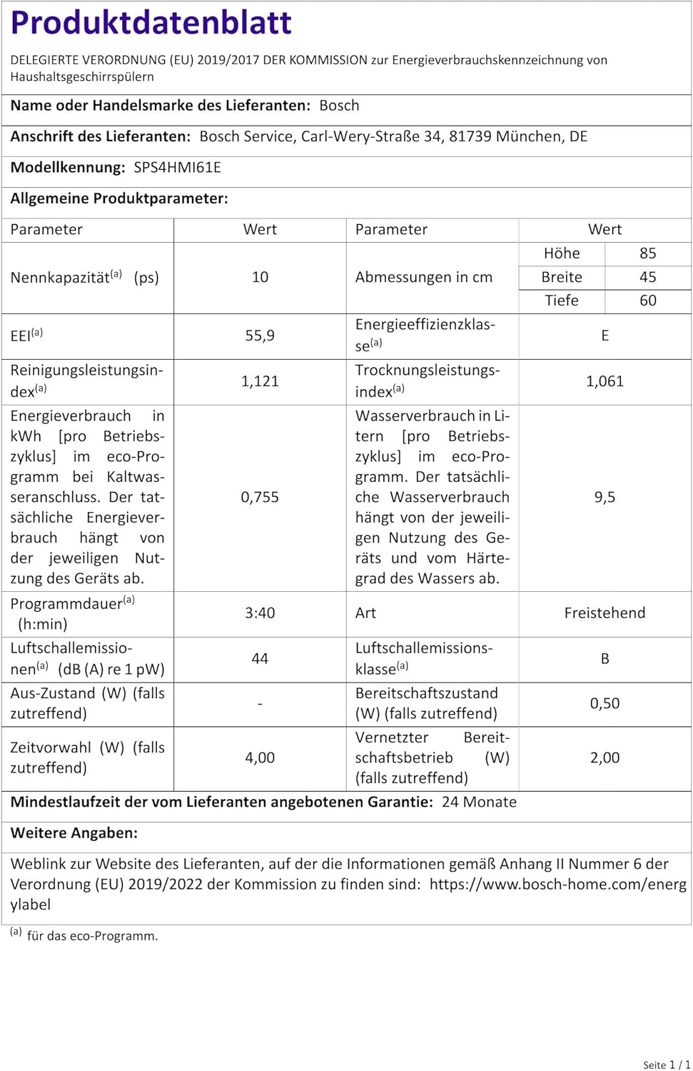 2026 Bosch SPS4HMI61E Serie 4 Freistehender Geschirrspüler / E / 45 cm / Edelstahl / 76 kWh/100 Zyklen / 10 MGD / SuperSilence / Extra Trocknen / VarioSchublade / Home Connect