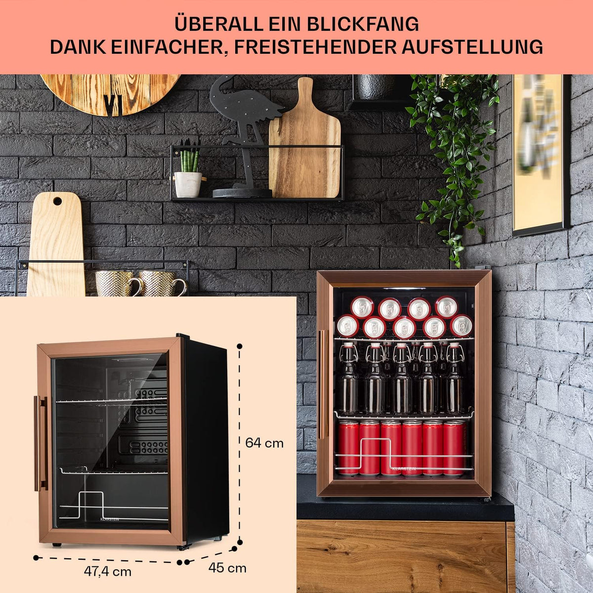 2026 Klarstein Mini Kühlschrank mit Glastür für Zimmer, Getrnkekühlschrank mit Verstellbaren Ablagen, Kleiner 80 Liter, Indoor/Outdoor Kühlschrank Leise