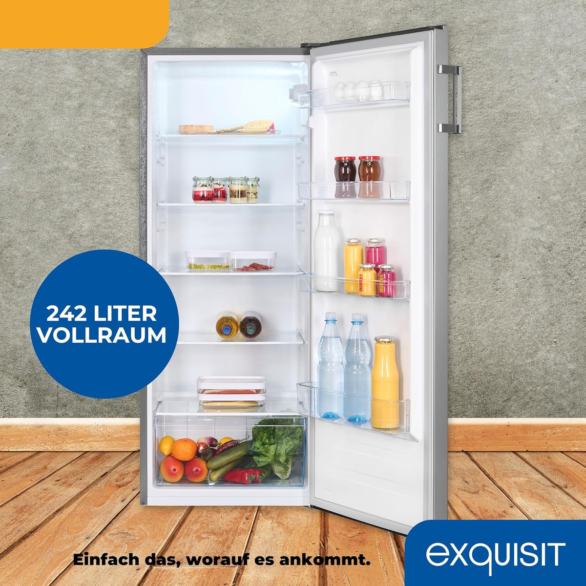 2026 Exquisit Kühlschrank ohne Gefrierfach, Großer Kühlschrank, 5 Ablagen, 242 Liter, Vollraumkühlschrank 143 cm hoch, KS5320-V-H-040E weiss