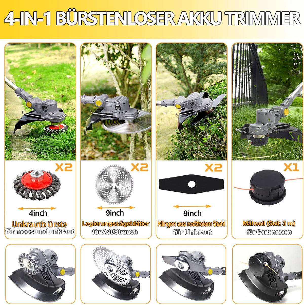 2026 Akku Rasentrimmer mit Akku und Unkrautbürste 4 in 1 Freischneider mit Unkrautbürste 21V Bürstenloser Freischneider, Elektro Motorsense mit 2 Akku 4.0Ah und Ladegerät Teleskop, Verstellbarer, Orange