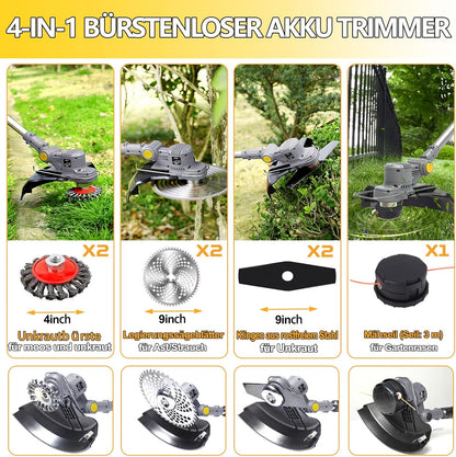2026 Akku Rasentrimmer mit Akku und Unkrautbürste 4 in 1 Freischneider mit Unkrautbürste 21V Bürstenloser Freischneider, Elektro Motorsense mit 2 Akku 4.0Ah und Ladegerät Teleskop, Verstellbarer, Orange