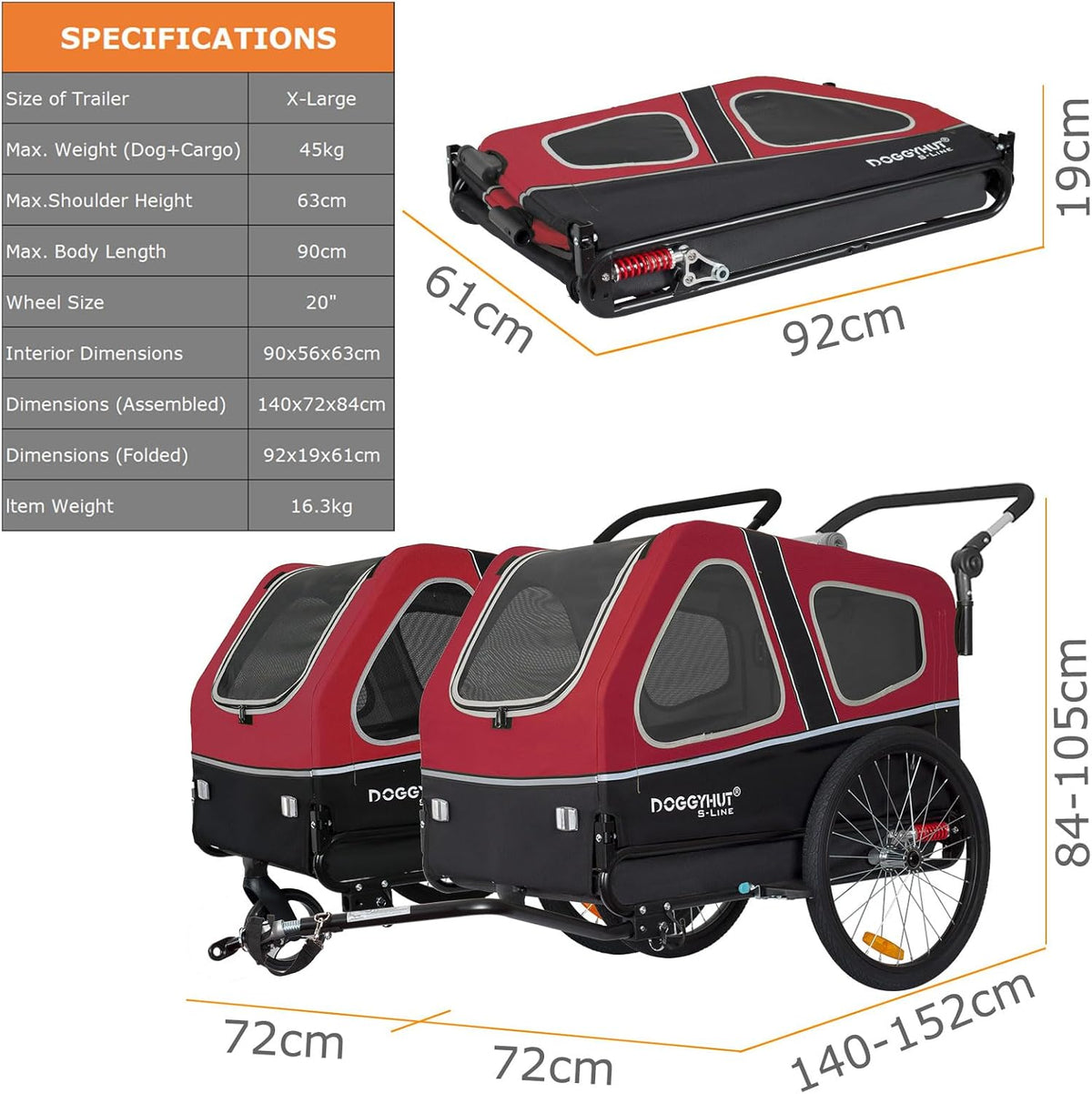 2026 Doggyhut S-Line XL Hundeanhänger & Hundebuggy mit Federung 2 in 1 Hunde Fahrradanhänger Jogger gefedert bis 45 kg