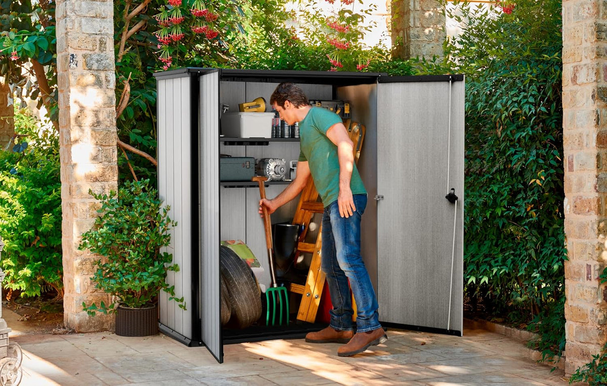 2026 Keter High Store Plus Aufbewahrungsbox, 1400l Fassungsvermögen, Außenmaße B/T/H 140x73,6x170,4cm, Duotech Material, anstreichbar, wasserdicht, wetterfest und pflegeleicht