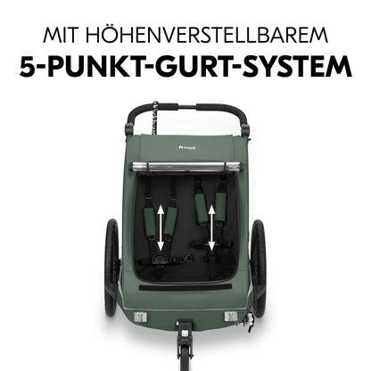 2026 hauck Fahrradanhänger & Kinderwagen Dryk Duo Plus mit Federung, für 2 Kinder (6-48 Monate), inkl. Deichsel, Buggyrad, Fahne und LED Licht, Faltbar, Höhenverstellbar, XL Kofferaum (Dark Green)