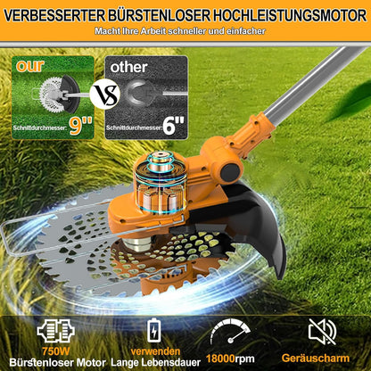 2026 Akku Rasentrimmer mit Akku und Unkrautbürste 4 in 1 Freischneider mit Unkrautbürste 21V Bürstenloser Freischneider, Elektro Motorsense mit 2 Akku 4.0Ah und Ladegerät Teleskop, Verstellbarer, Orange