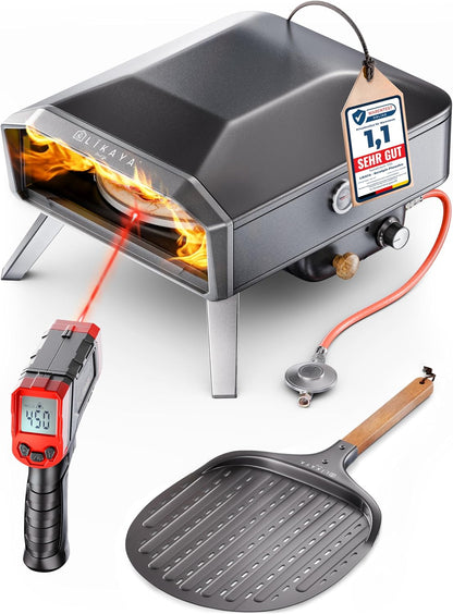 2026 LIKAYA NeroSpin Pizzaofen Gas – 6,2kW Outdoor Gas Pizzaofen 450°C - Gas Pizza Ofen Outdoor mit Pizzastein Drehteller, Pizzaschaufel, Tasche & Laser Thermometer – knusprige Pizza in nur 90 Sekunden!