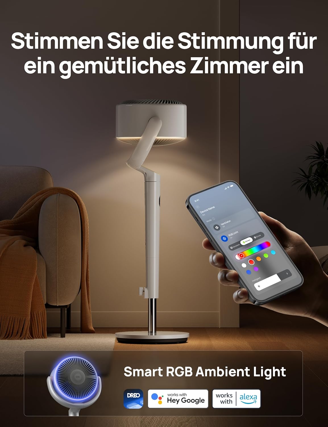 2026 Dreo Smart Standventilator mit RGB Light, 120° +120° Oszillierender Ventilator mit Fernbedienung, 20dB Leiser Bodenventilator für Schlafzimmer, 8H Timer, Silber
