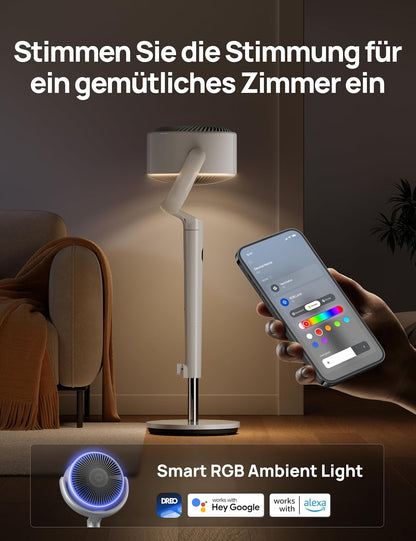 2026 Dreo Smart Standventilator mit RGB Light, 120° +120° Oszillierender Ventilator mit Fernbedienung, 20dB Leiser Bodenventilator für Schlafzimmer, 8H Timer, Silber