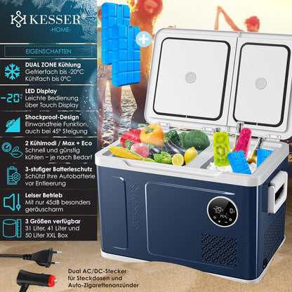 2026 KESSER Kompressor Kühlbox 2in1 Doppelzone Kühl & Gefrierfach elektrische Gefrierbox mit 2x Kühlakkus & LED-Touch-Bedienung | Kühlschrank Kühlung bis -20 °C für Camping, Auto, Lkw 12/24V 230V
