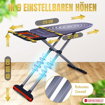2026 DEVECIOĞLU Bügelbrett 127x46cm - XL Bügeltisch für Dampfbügelstation, Bügelbrett Groß, klappbarer Bügeltisch, höhenverstellbar, Ironing Board, (MM123)