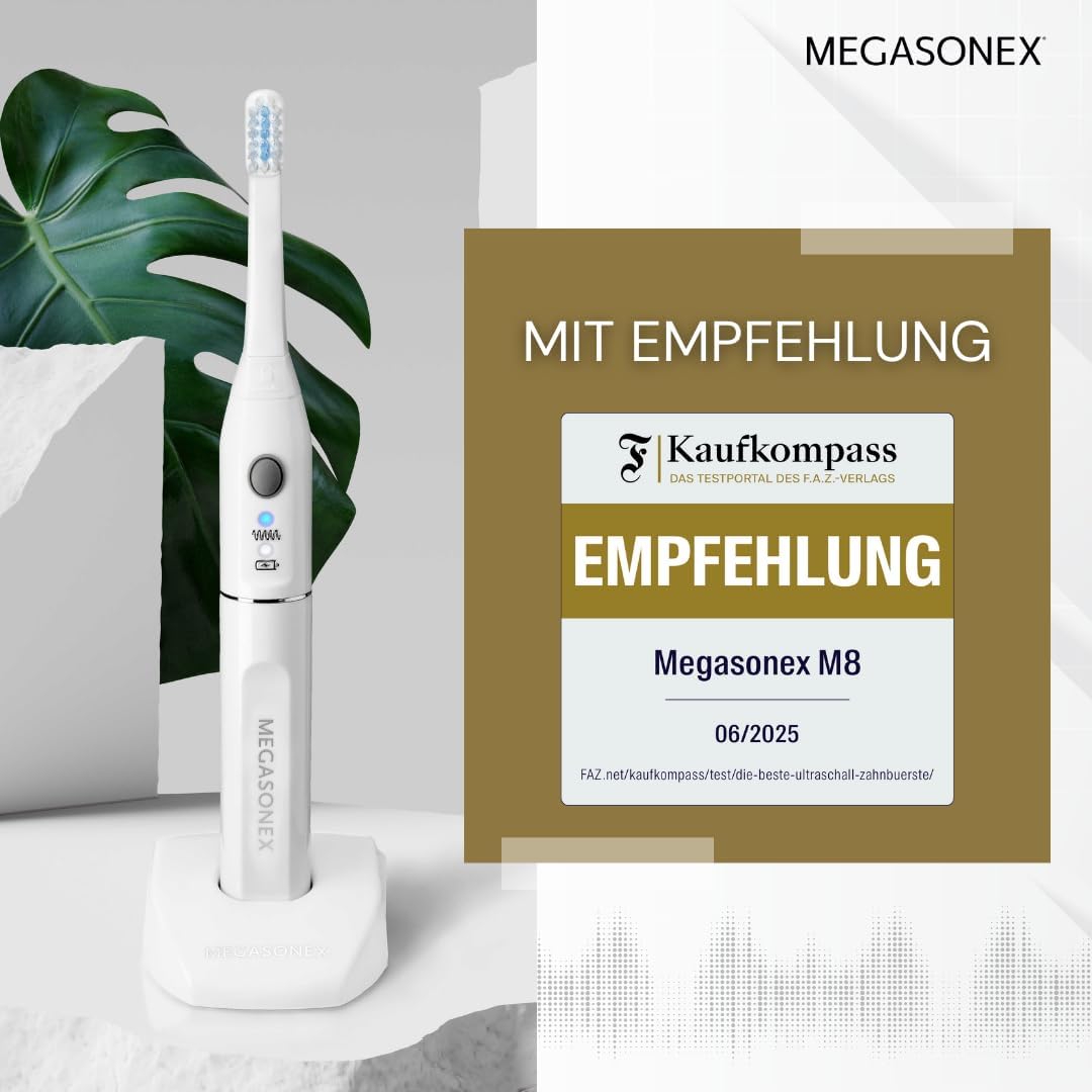 2026 MEGASONEX Ultraschall-Zahnbürste M8 Set - Mit 2 Vibrations-Stufen - zusätzlich inkl. 2x Bürstenköpfe Soft Weiß