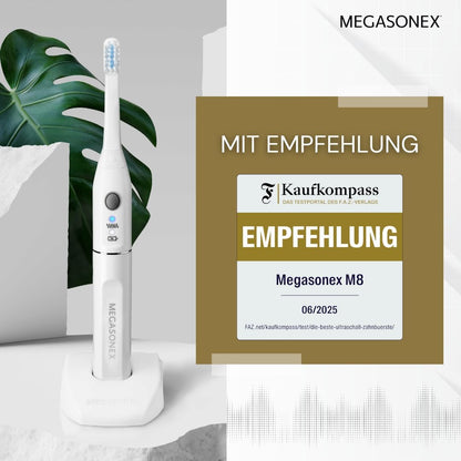2026 MEGASONEX Ultraschall-Zahnbürste M8 Set - Mit 2 Vibrations-Stufen - zusätzlich inkl. 2x Bürstenköpfe Soft Weiß