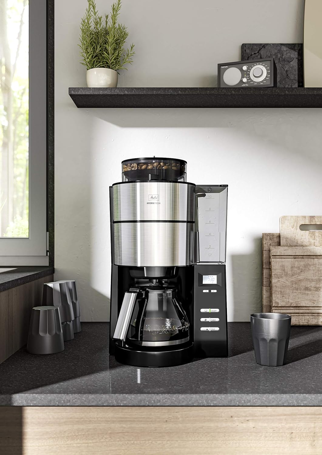 2026 Melitta AromaFresh - Filterkaffeemaschine - mit Glaskanne - integriertes Mahlwerk - Timer Funktion - 10 Tassen - Pure Black