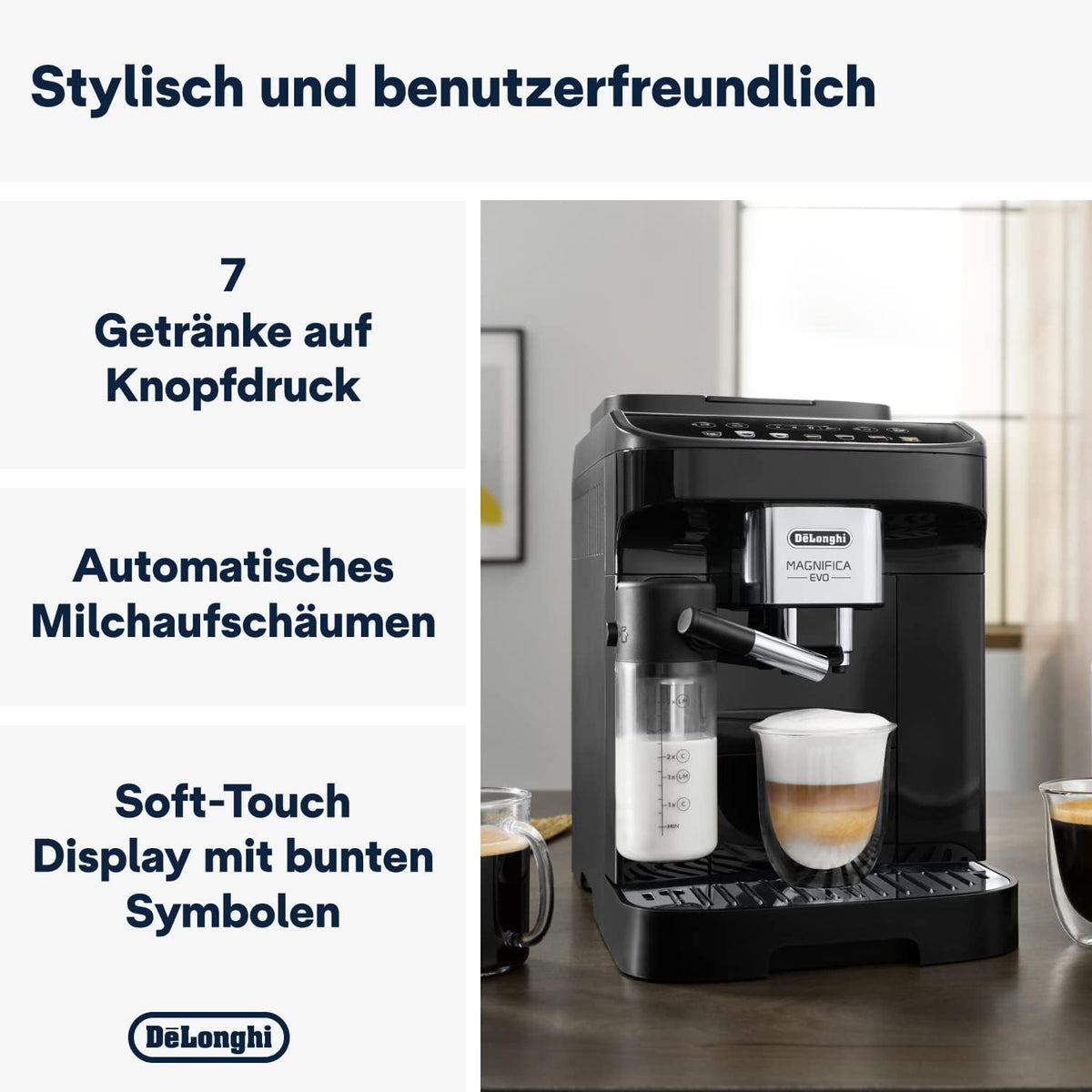 2026 De'Longhi Magnifica Evo ECAM 292.81.B Kaffeevollautomat mit LatteCrema Milchsystem, 7 Direktwahltasten für Cappuccino, Espresso und weitere Kaffeespezialitäten, 2-Tassen-Funktion, Schwarz