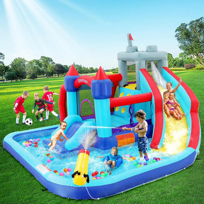 2026 Aufblasbare Wasserrutschen für Kinder, 8-in-1-Hüpfburg-Wasserpark mit 450-W-Gebläse, Kletterwand, Planschbecken, 2 Wasserkanonen, Basketballkorb, Wasserrutsche, Krokodilsprinkler als Geschenk für eine Gartenparty