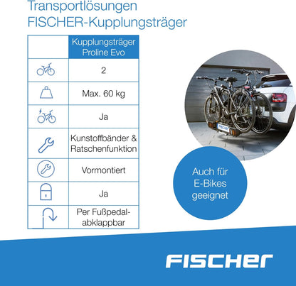 2026 Fischer Kupplungs-Fahrradträger ProlineEvo 2, für 2 Fahrräder bis 60kg Nutzlast, E-Bike geeignet, vormontiert, abschließbar, faltbar