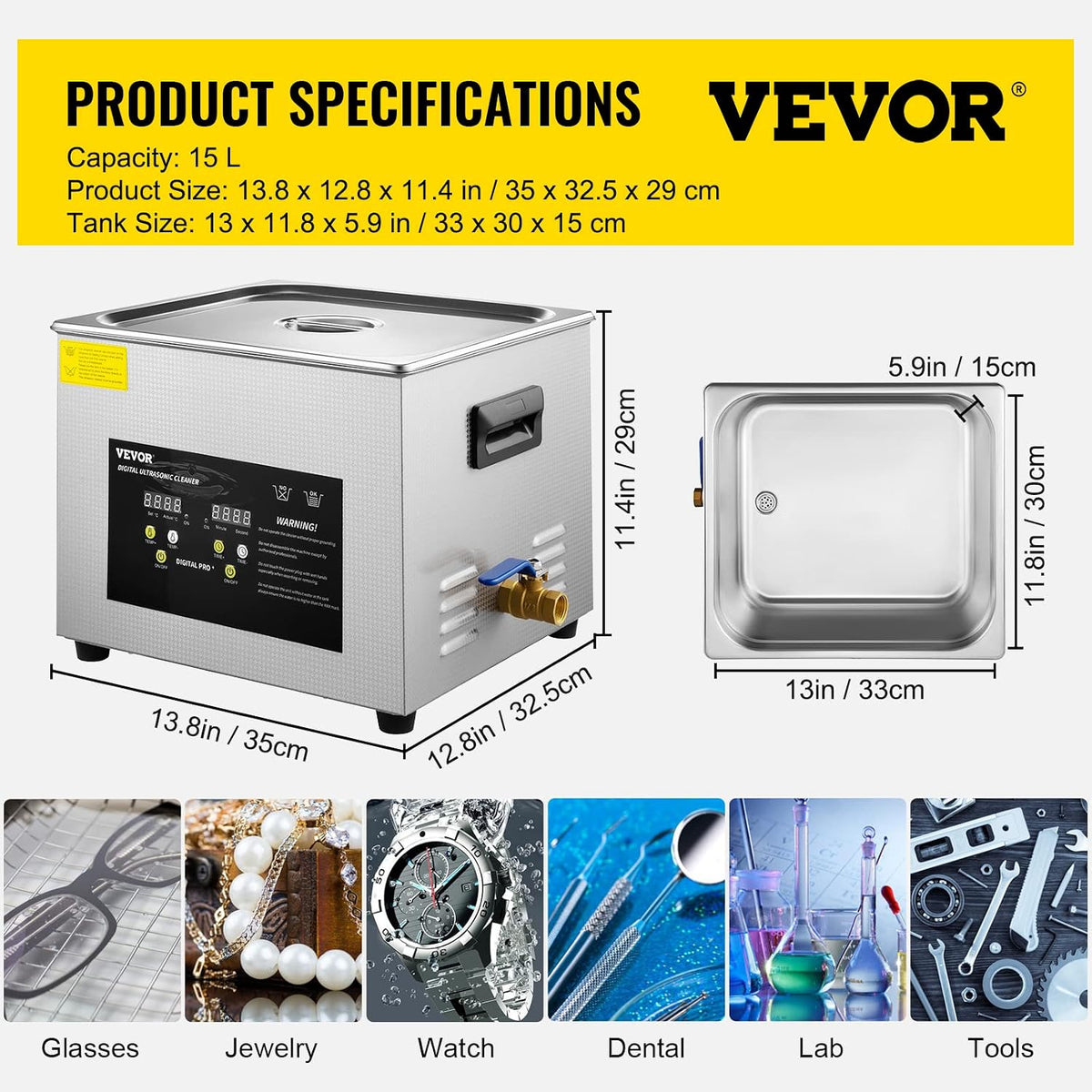 2026 VEVOR 15 L Ultraschallreiniger (600 W Heizung, 360 W Ultraschall) Professioneller digitaler Labor-Ultraschall-Teilereiniger mit Heizungstimer für die Reinigung von Glaszahninstrumenten