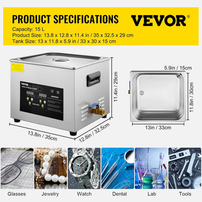 2026 VEVOR 15 L Ultraschallreiniger (600 W Heizung, 360 W Ultraschall) Professioneller digitaler Labor-Ultraschall-Teilereiniger mit Heizungstimer für die Reinigung von Glaszahninstrumenten