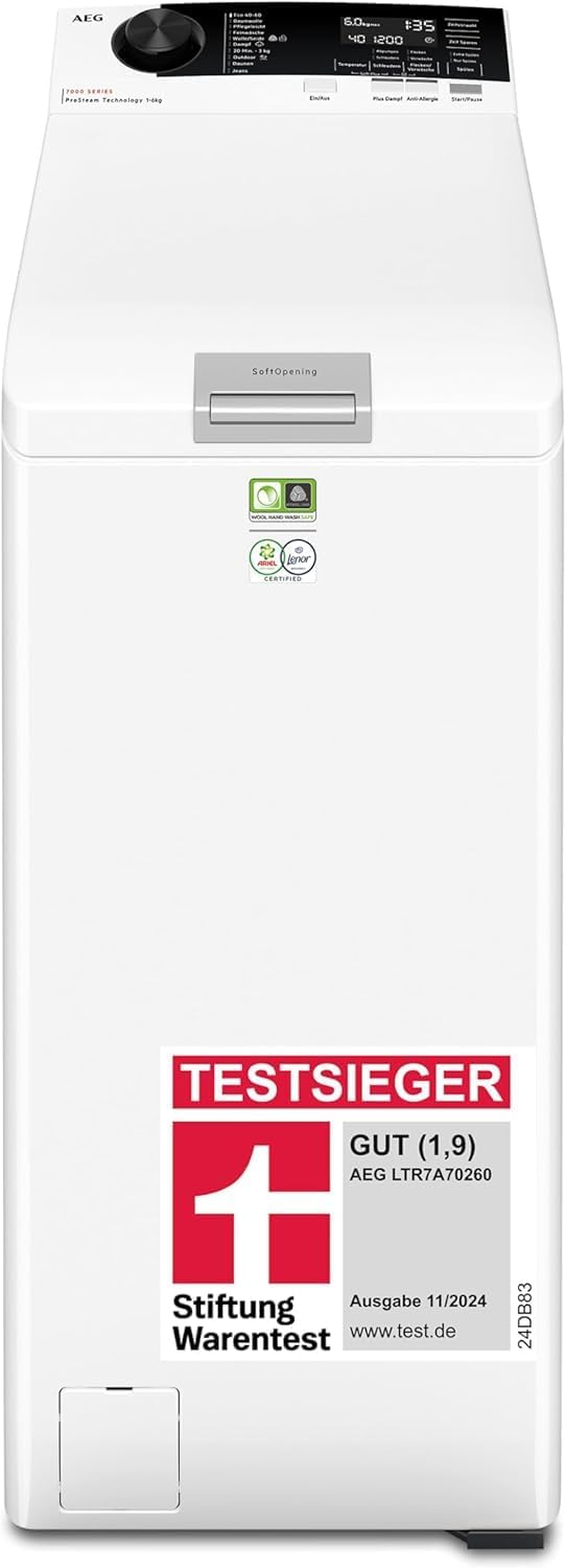 2026 AEG Waschmaschine Toplader, 40 cm, Testsieger Stiftung Warentest, 6 kg, Serie 7000 ProSteam-Dampf-Programm – Weniger Bügeln & mehr Frische, Mengenautomatik, Inverter Motor, 1200 U/min, LTR7A70260