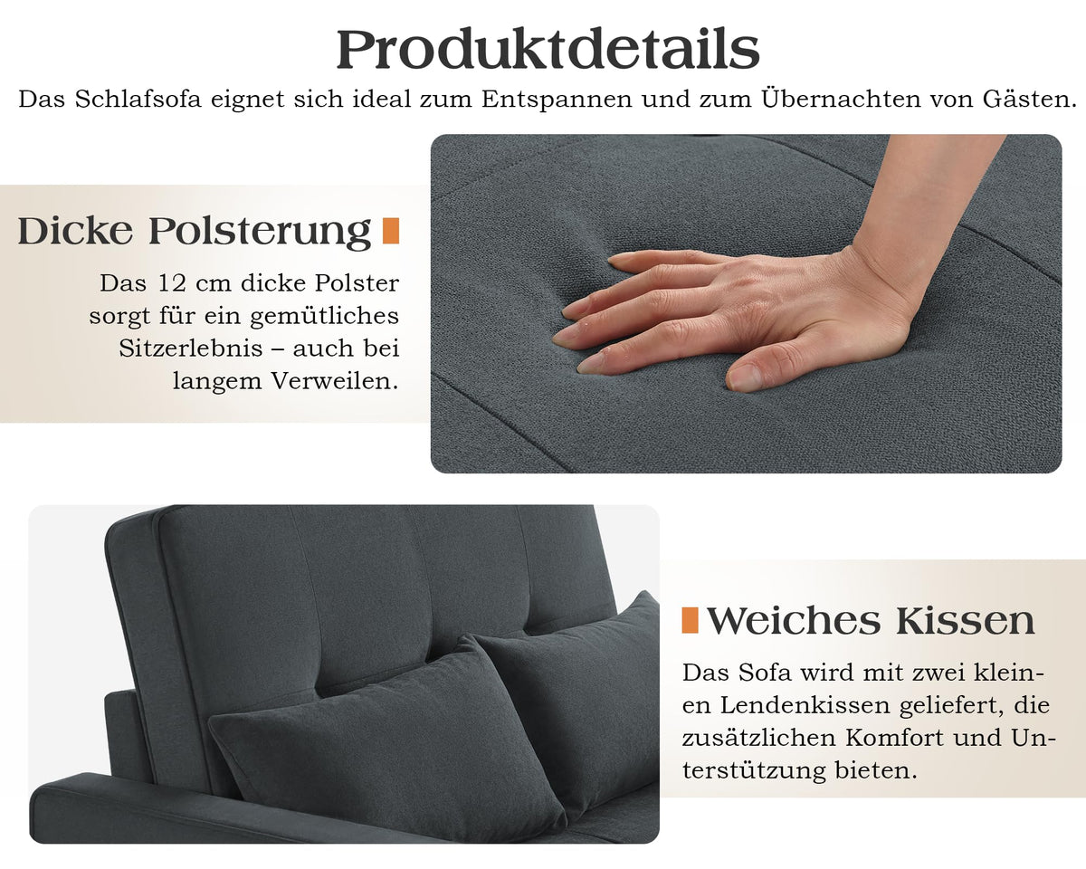 2026 3 in 1 Schlafsofa 186 x 122 cm, Grau, verstellbare Rückenlehne, 12 cm Komfortpolster, Massivholz Metallrahmen