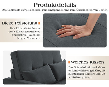 2026 3 in 1 Schlafsofa 186 x 122 cm, Grau, verstellbare Rückenlehne, 12 cm Komfortpolster, Massivholz Metallrahmen