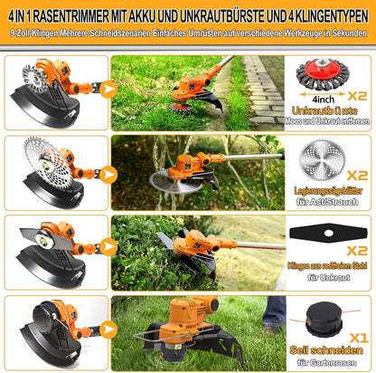 2026 Akku Rasentrimmer mit Akku und Unkrautbürste 4 in 1 Freischneider mit Unkrautbürste 21V Bürstenloser Freischneider, Elektro Motorsense mit 2 Akku 4.0Ah und Ladegerät Teleskop, Verstellbarer, Orange