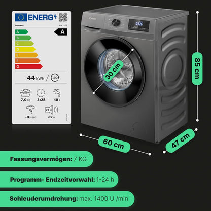 2026 Bomann Waschmaschine 7kg | max. 1400 U/min | 10 Jahre Motor-Garantie | effizienter, leiser & langlebiger Invertermotor | 15 Programme | Endzeitvorwahl | LED-Display | Washing Machine | WA 7175 wei